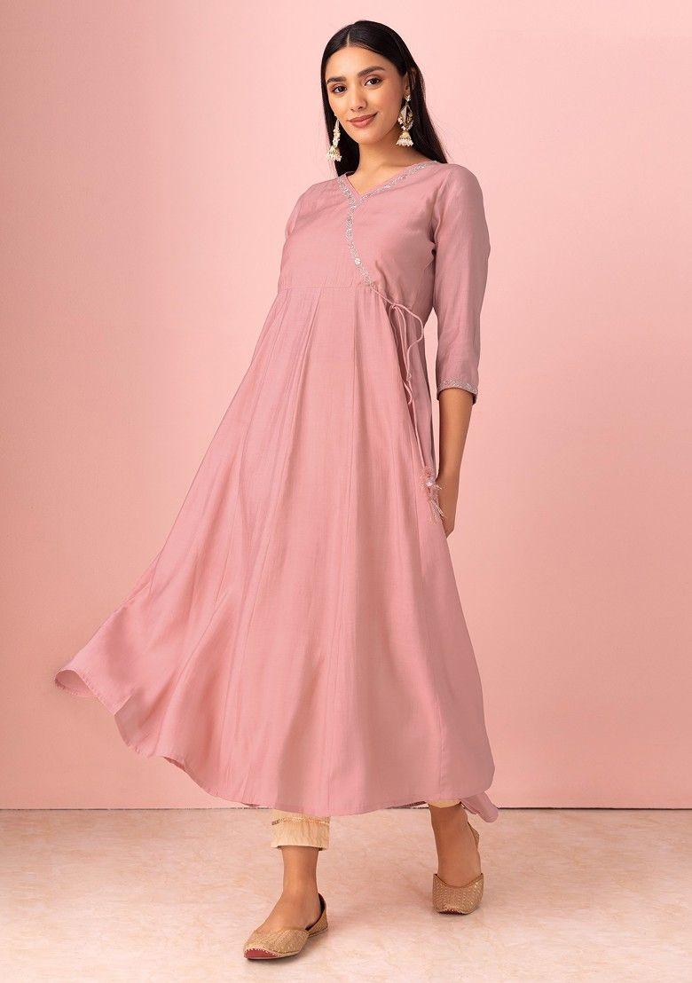 pink zari embroidered muslin angrakha kurta