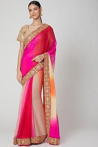 pink zari embroidered saree set
