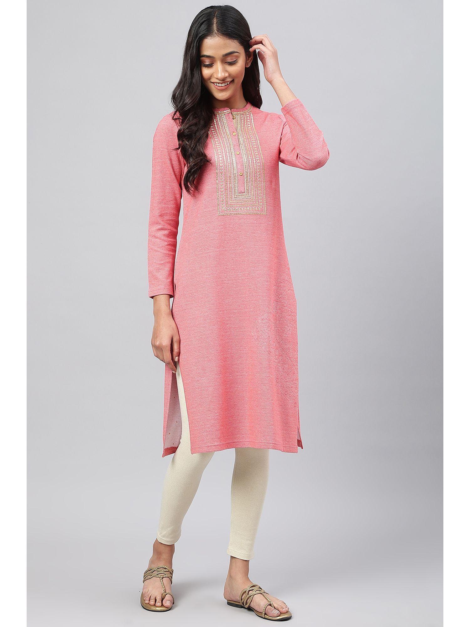 pink zari embroidered winter kurta