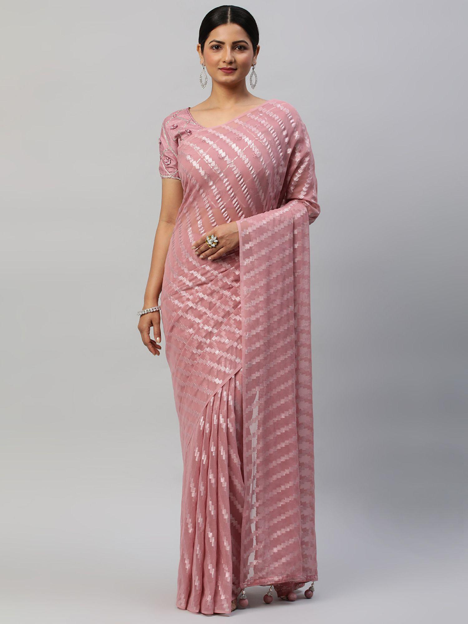 pink zari striped saree with unstitched blouse