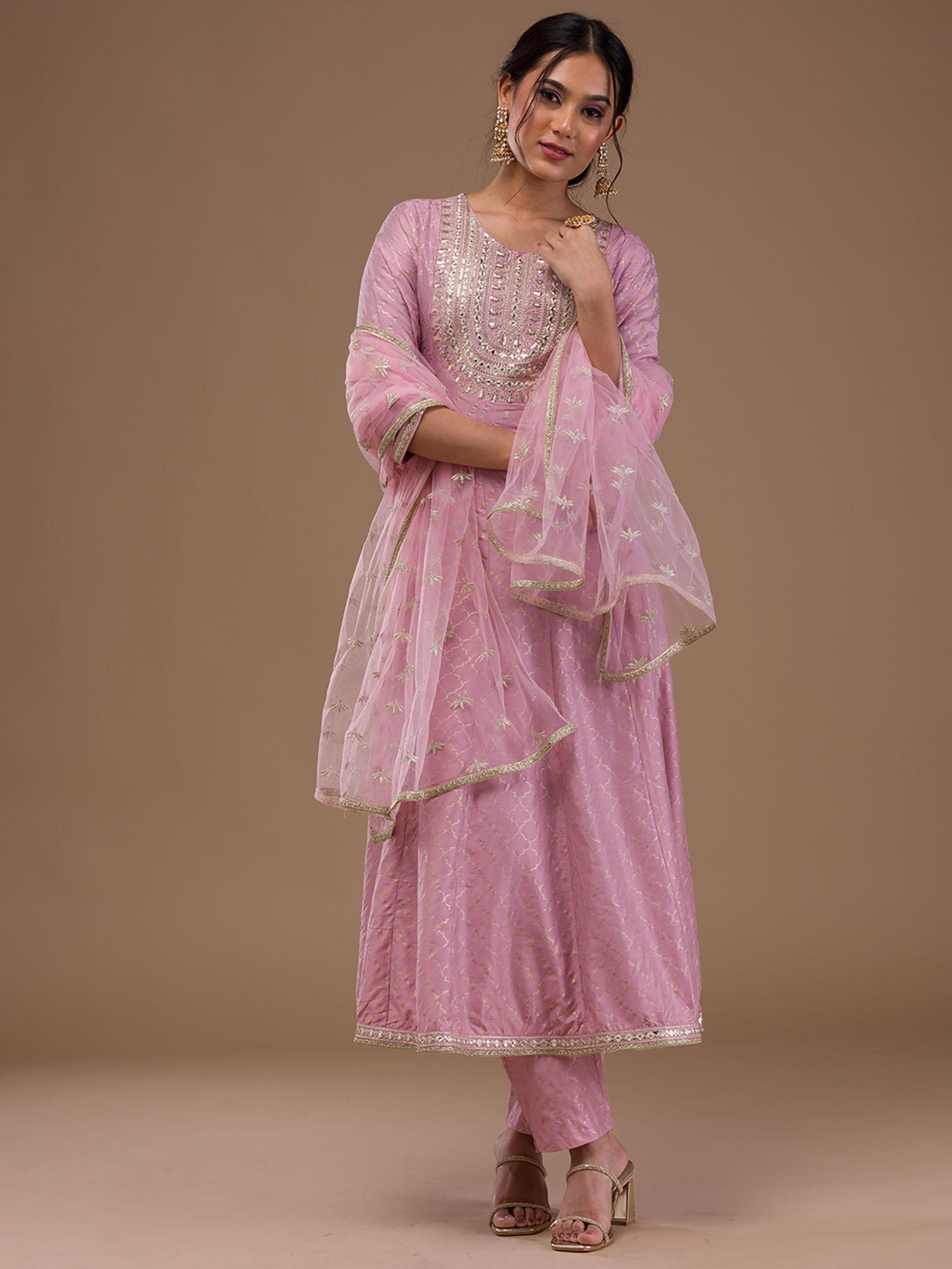 pink zari work cotton blend readymade kurta with pant & dupatta (set of 3)