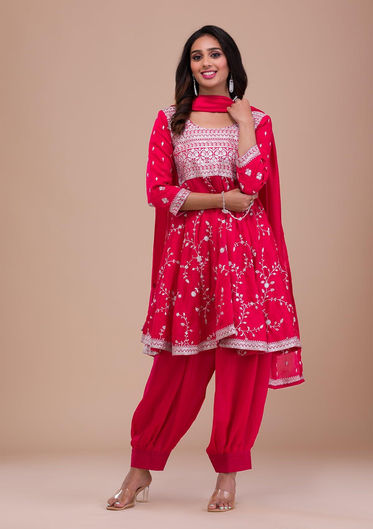 pink zariwork art silk readymade salwar suit