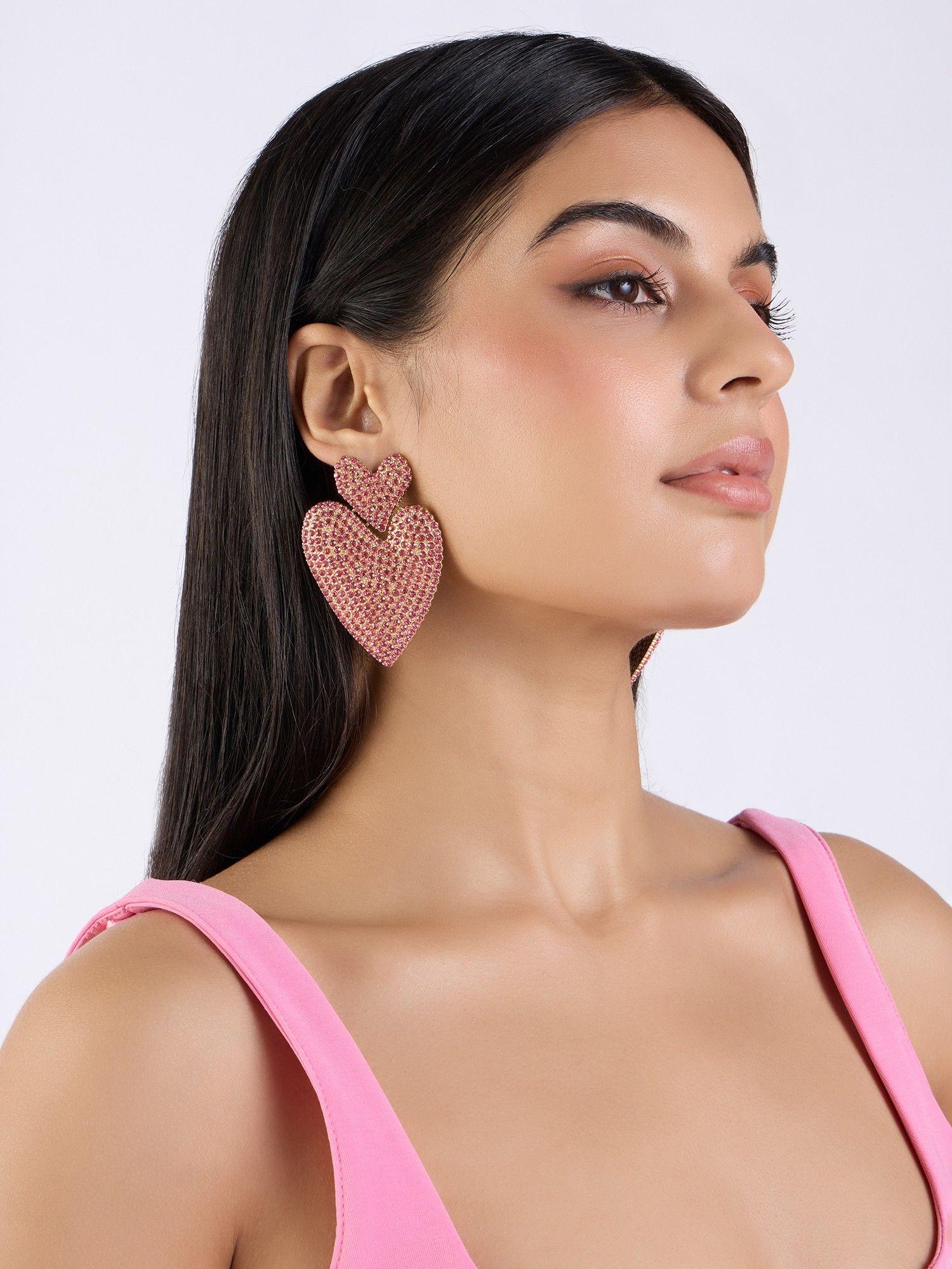 pink zircon embellished dual heart shape drop earrings