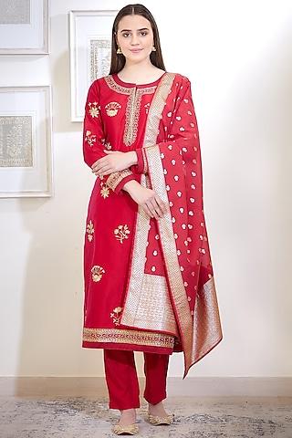 pinkish red embroidered kurta set