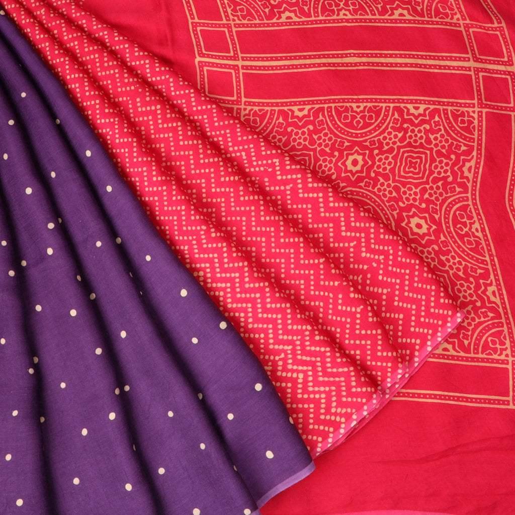 pinkish red and aubergine colour satin printed saree with floral pattern