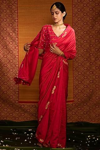 pinkish red hand embroidered saree set