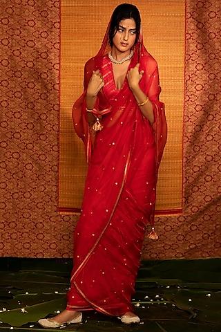 pinkish red hand embroidered saree set