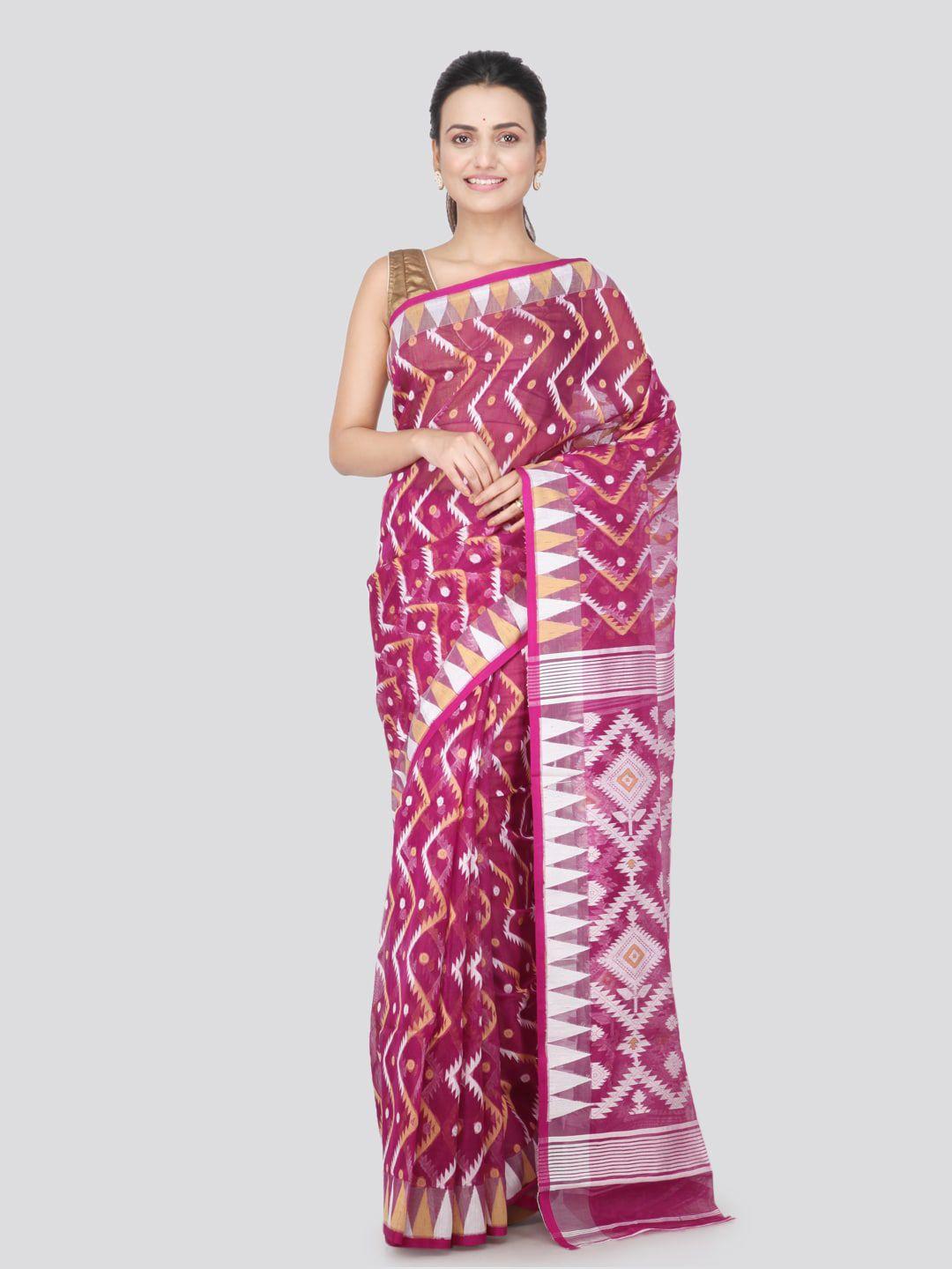 pinkloom geometric woven design pure cotton jamdani saree