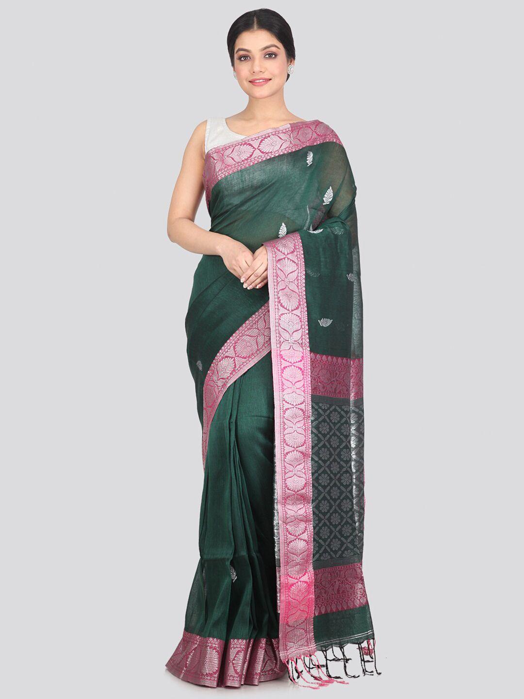 pinkloom green & pink woven design pure linen saree