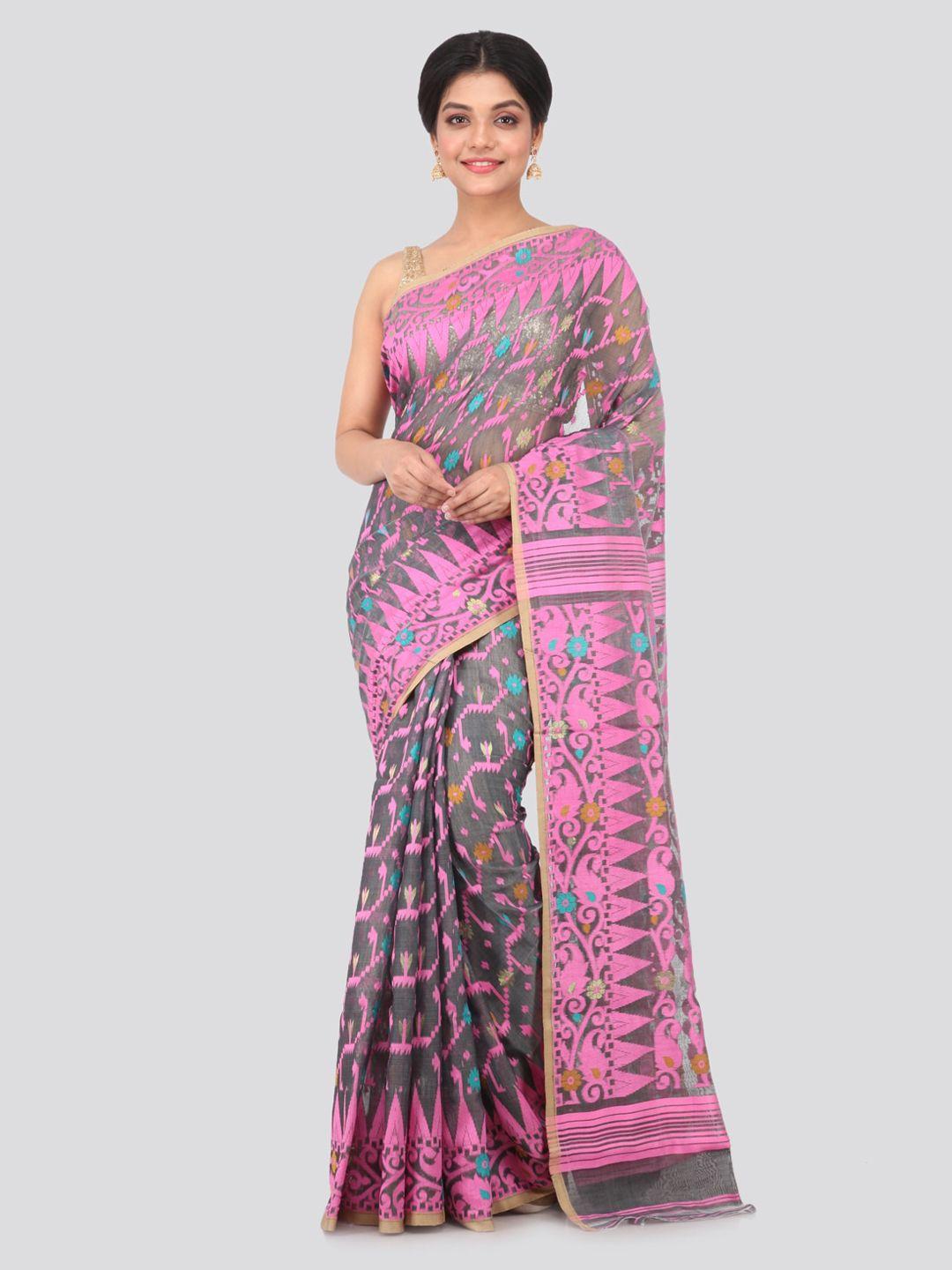 pinkloom grey pure cotton woven design jamdani sustainable saree