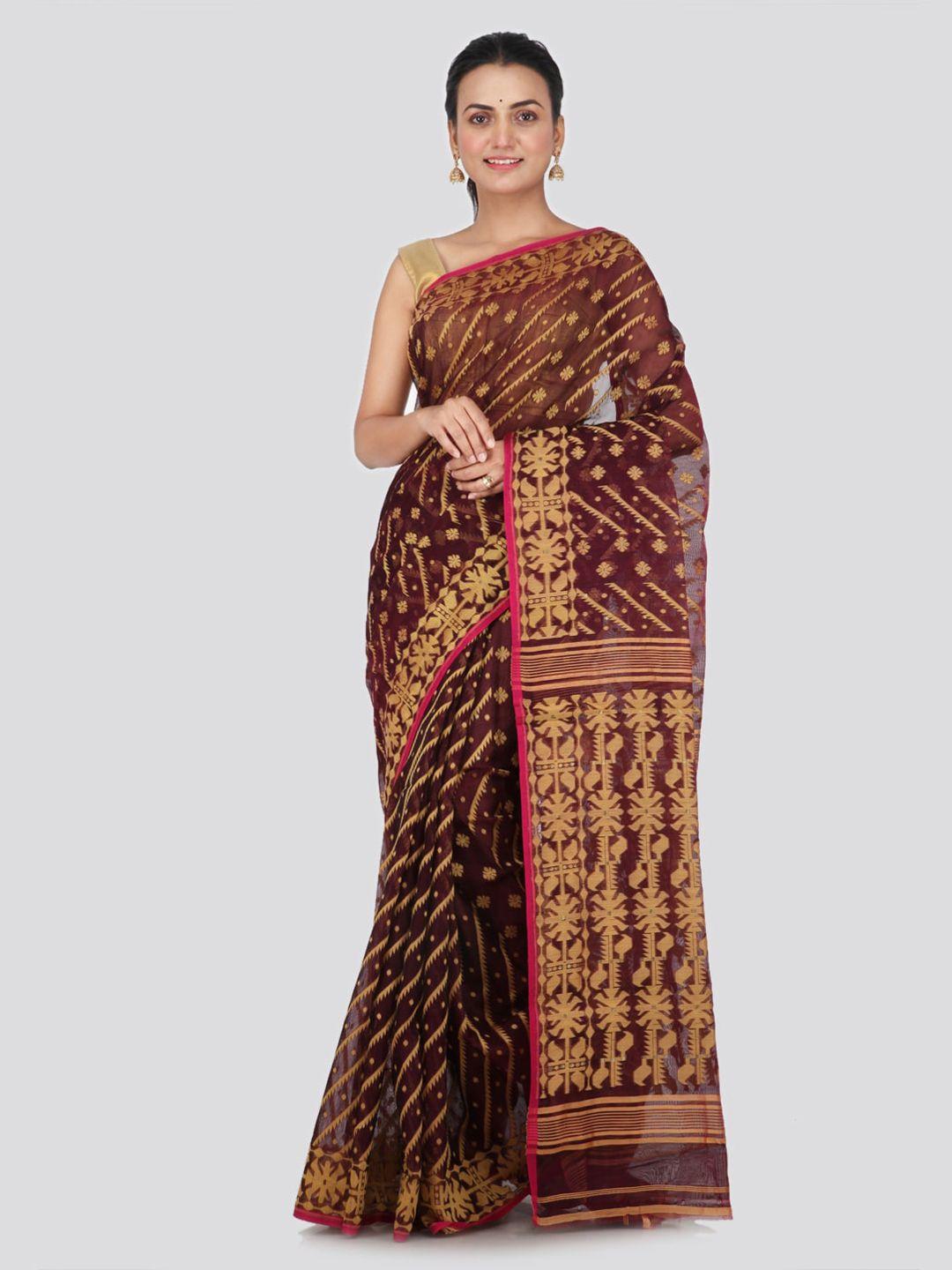 pinkloom maroon pure cotton printed jamdani sustainable saree