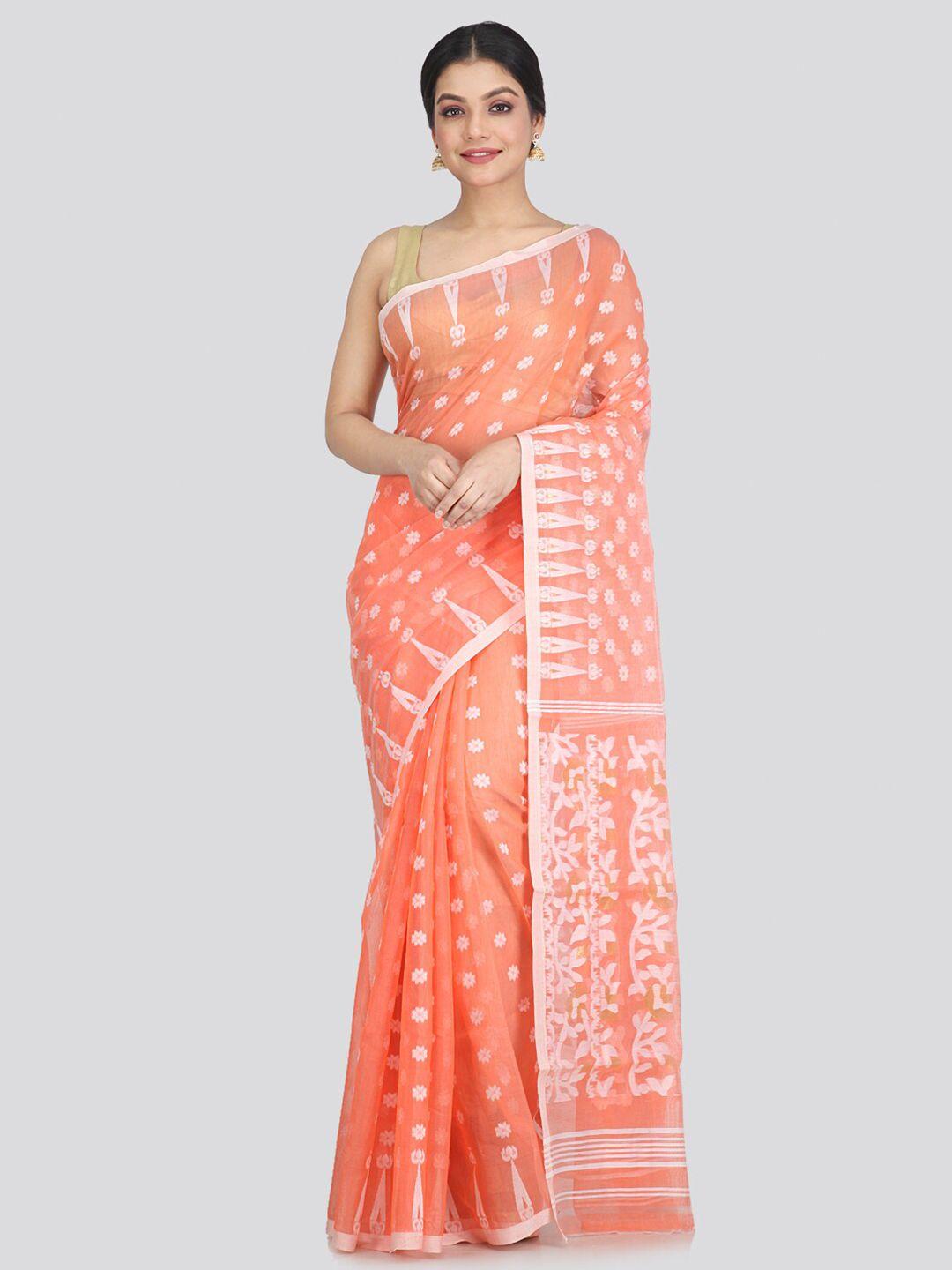 pinkloom orange woven design pure cotton jamdani saree