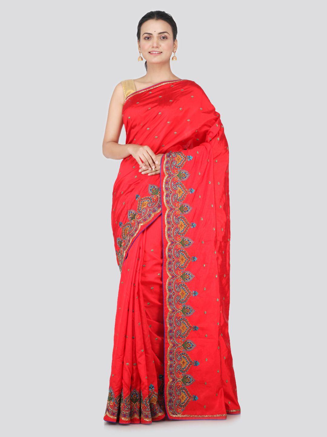 pinkloom red dupion silk embellished saree