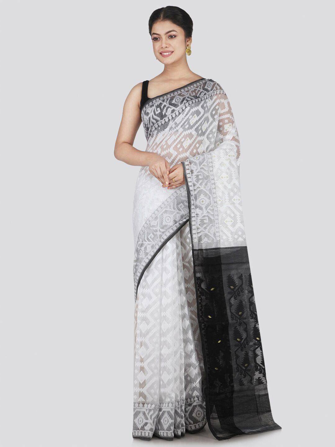 pinkloom white & black woven design jamdani saree