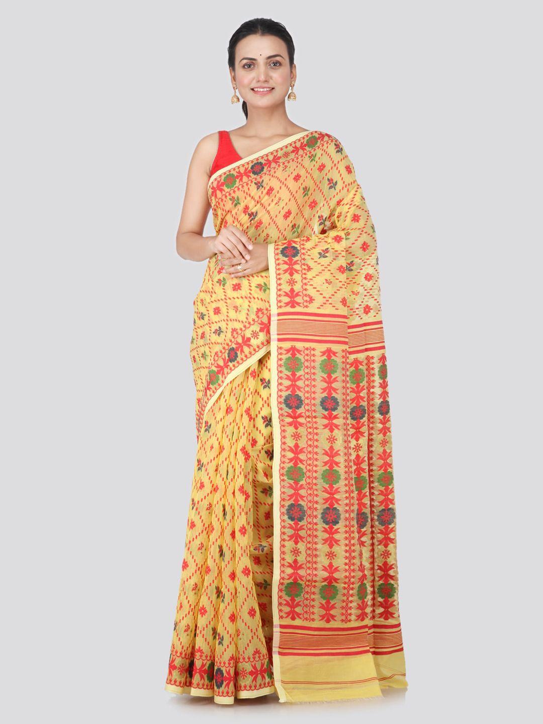 pinkloom yellow & red pure cotton woven design jamdani sustainable saree