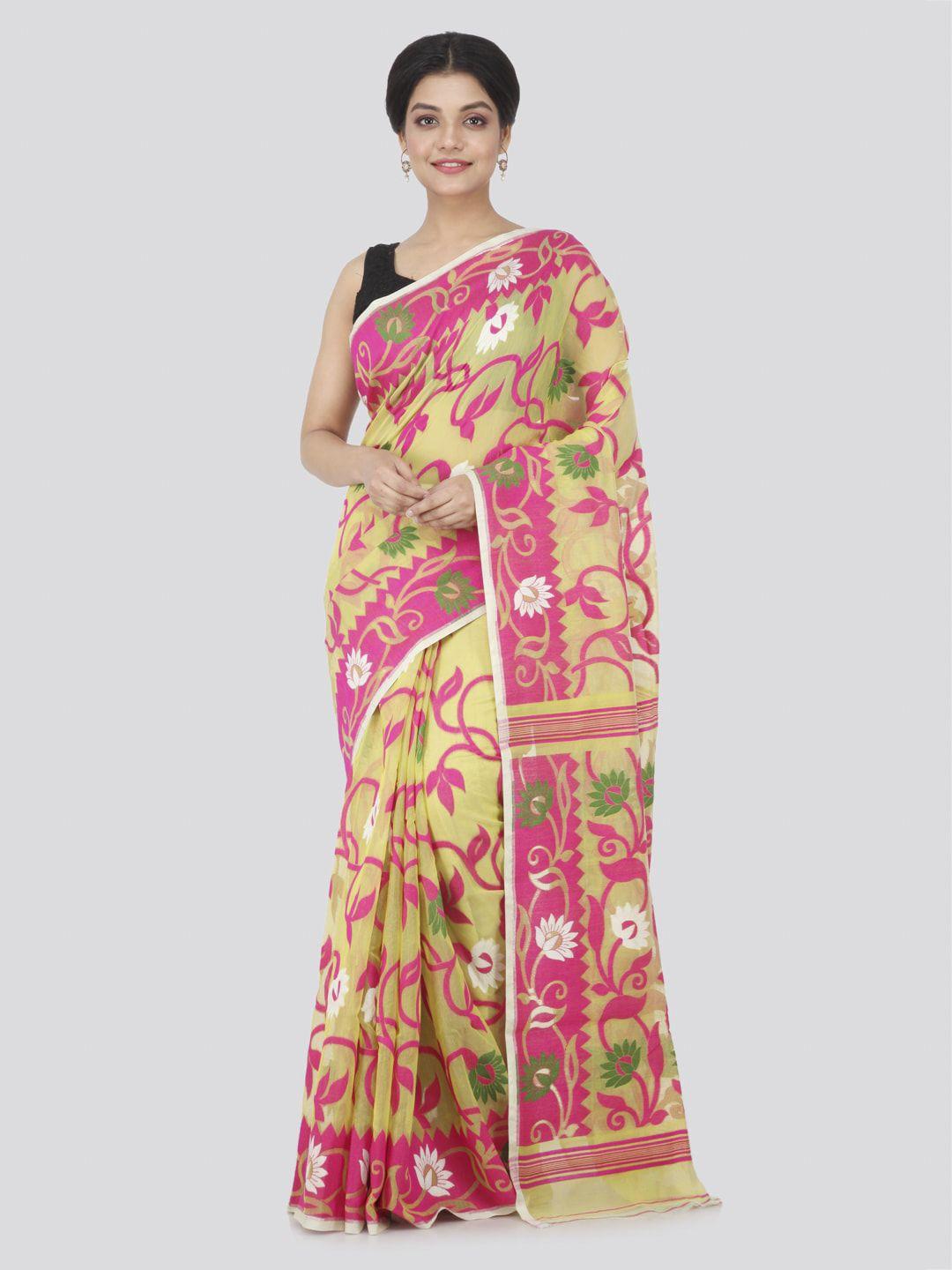 pinkloom yellow pure cotton woven design handloom jamdani sustainable saree