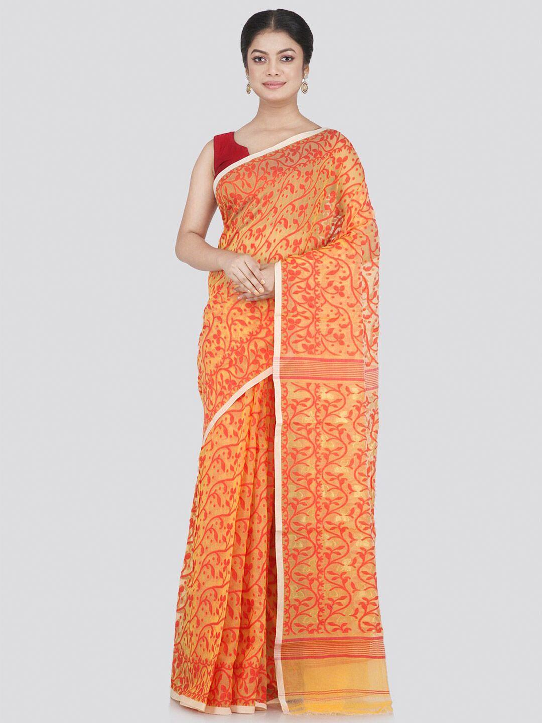 pinkloom  women yellow & orange woven design pure cotton jamdani saree