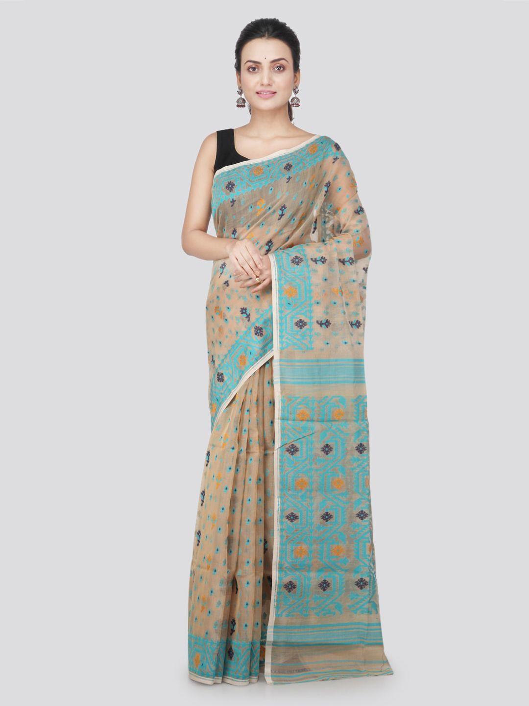pinkloom beige & blue pure cotton woven design handloom jamdani sustainable saree