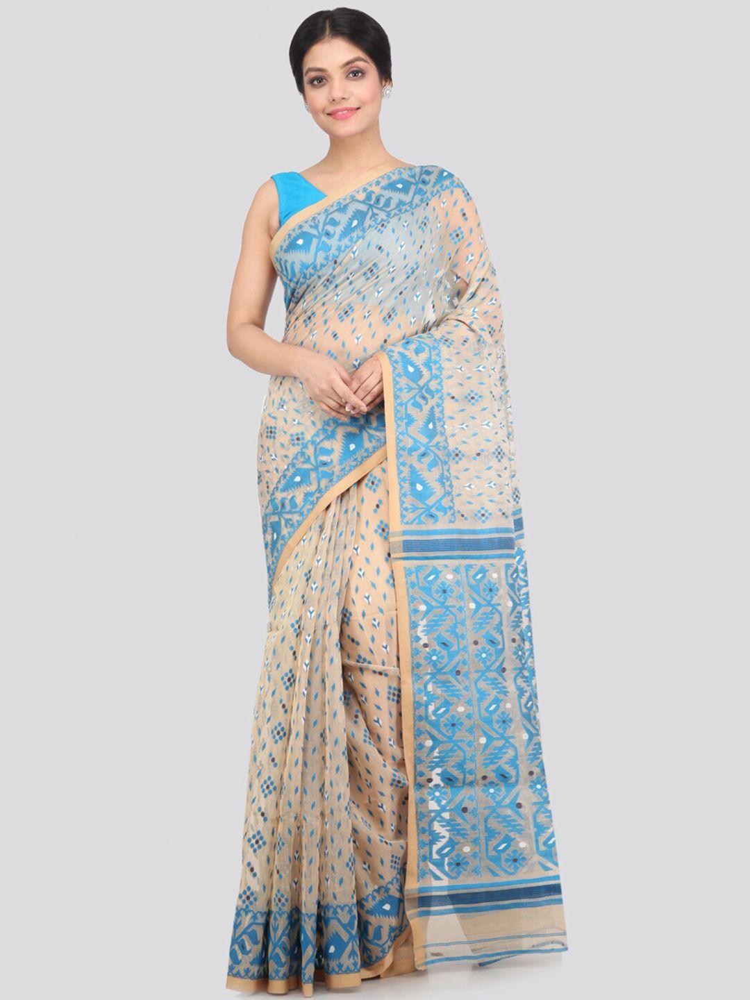 pinkloom beige & blue woven design pure cotton jamdani saree