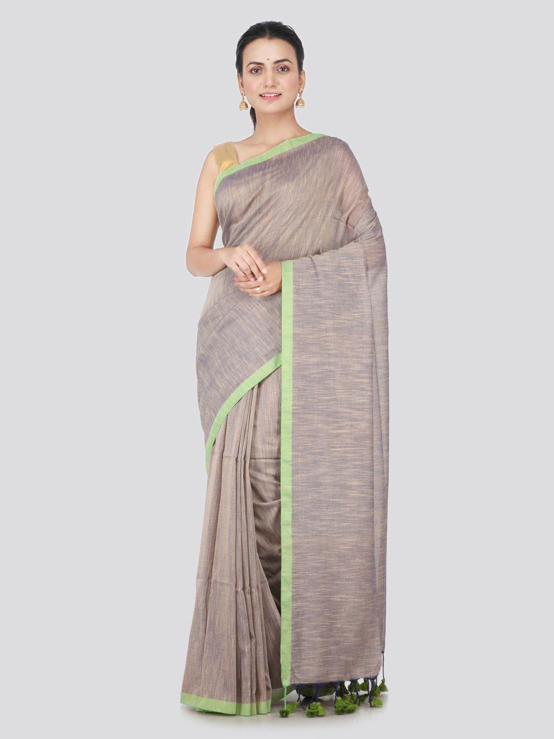pinkloom beige & grey pure cotton solid handloom sustainable saree