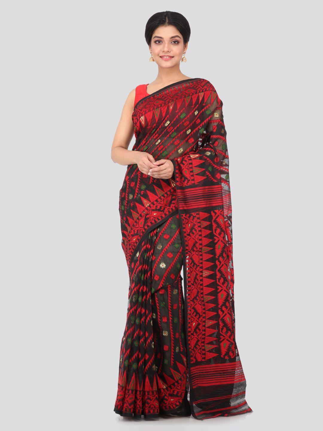 pinkloom black pure cotton woven design jamdani sustainable saree