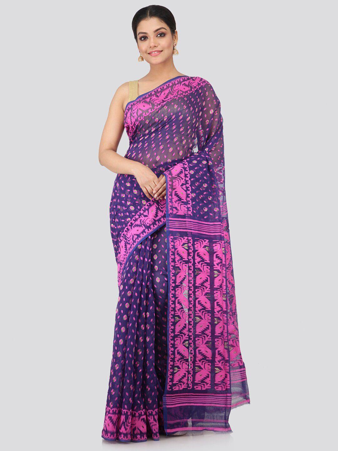 pinkloom blue & purple pure cotton jamdani saree
