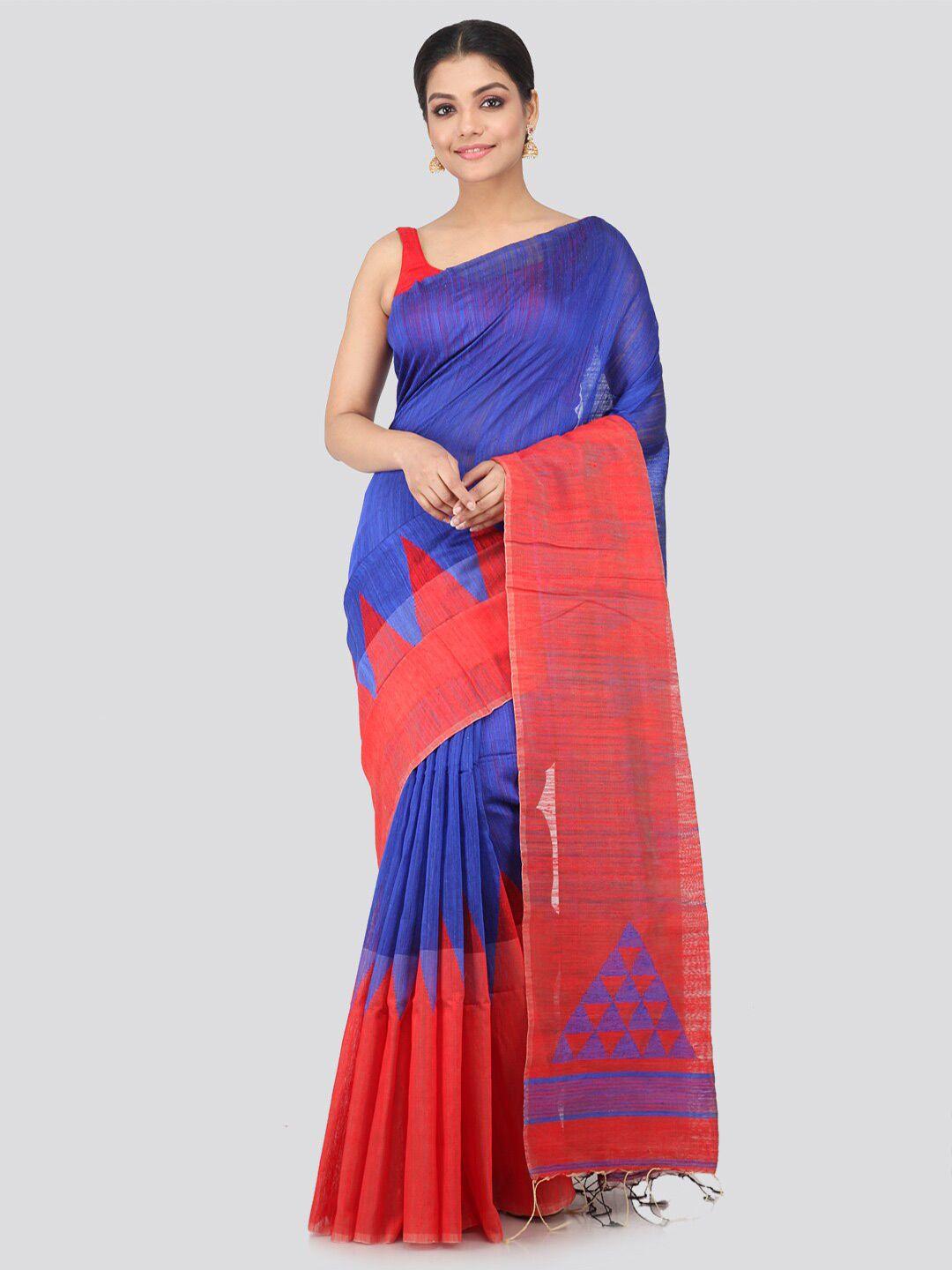 pinkloom blue & red geometric woven design pure handloom jute silk saree