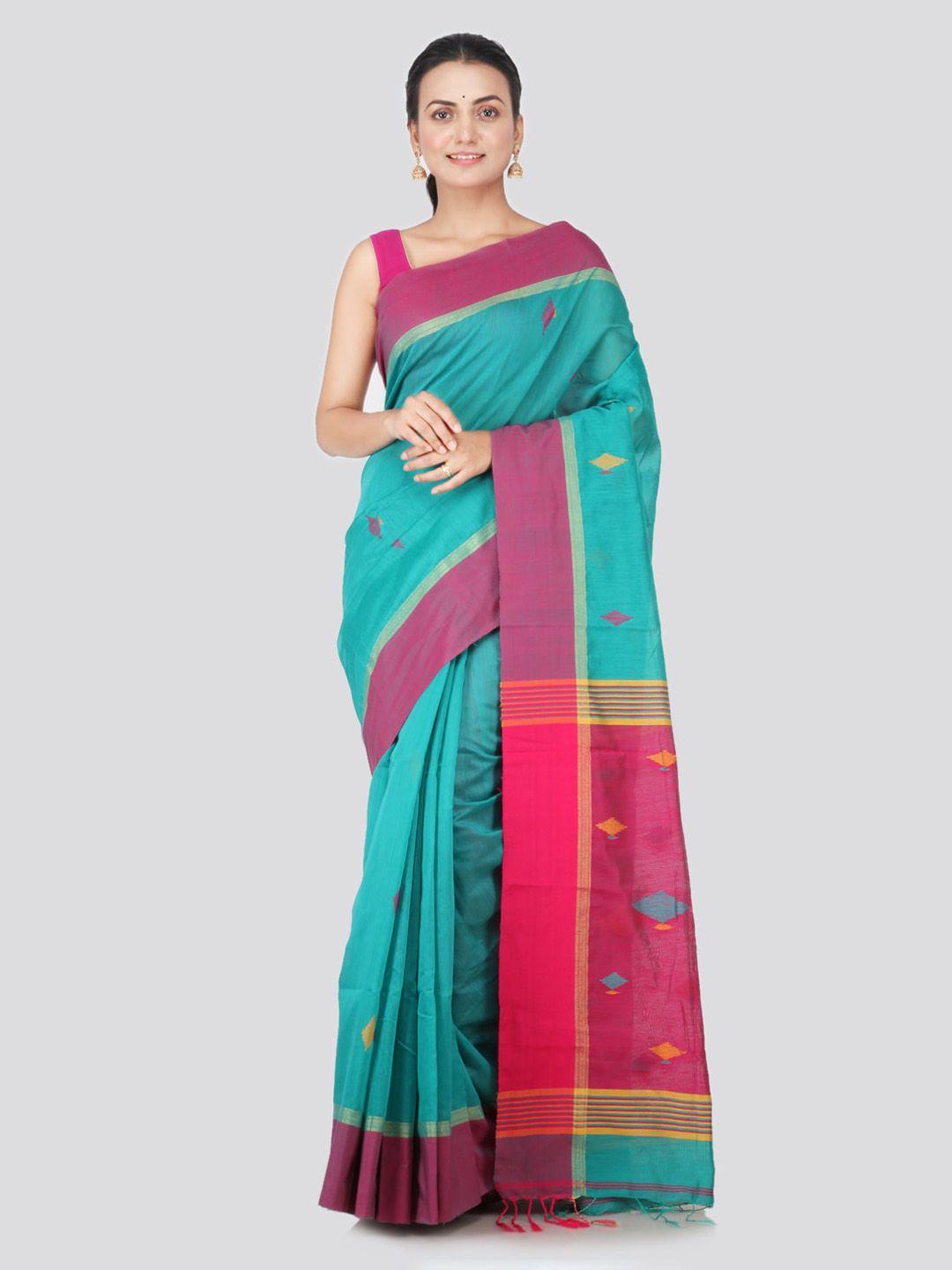 pinkloom blue & yellow cotton blend woven design sustainable saree