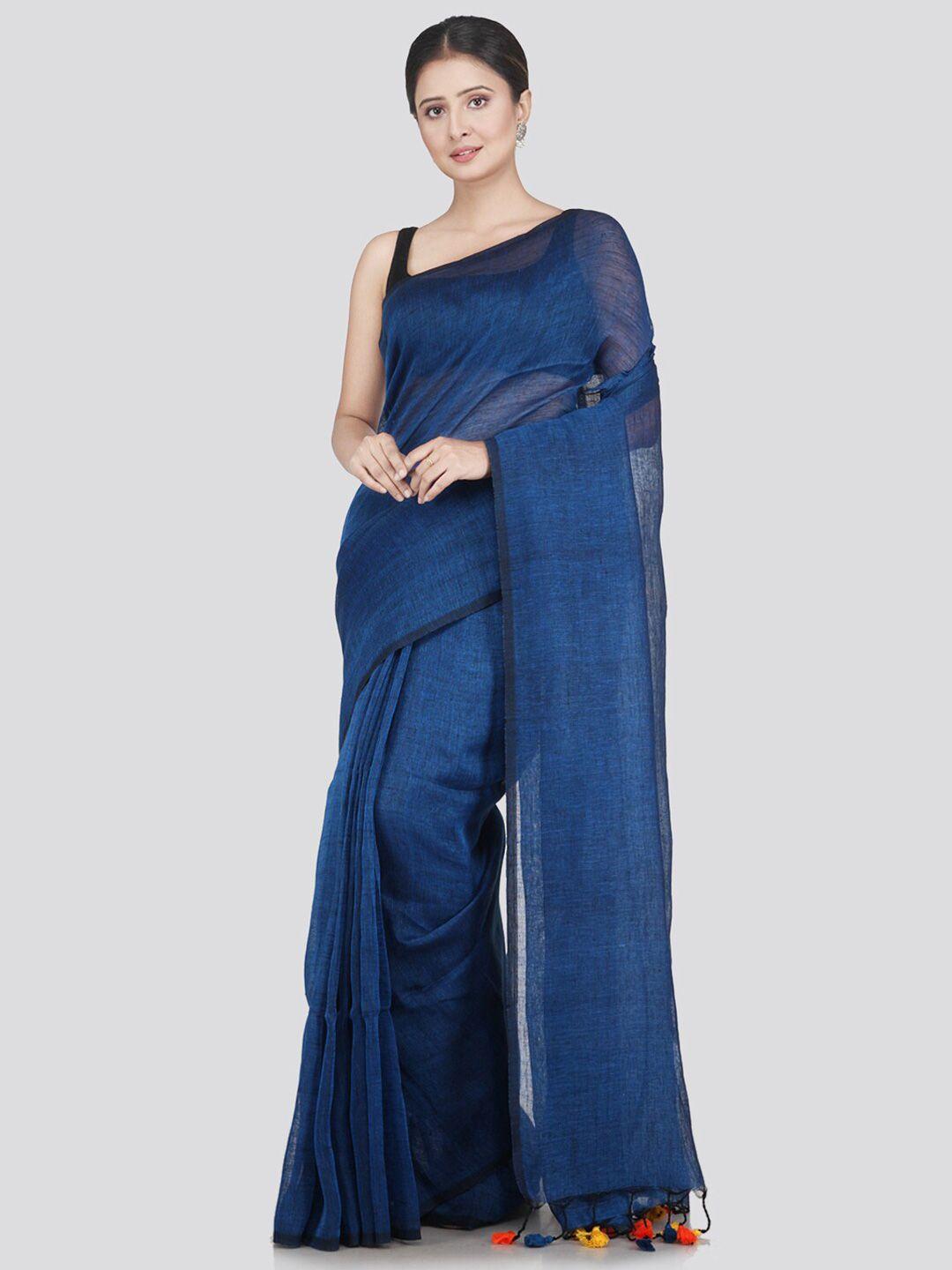 pinkloom blue solid pure linen saree