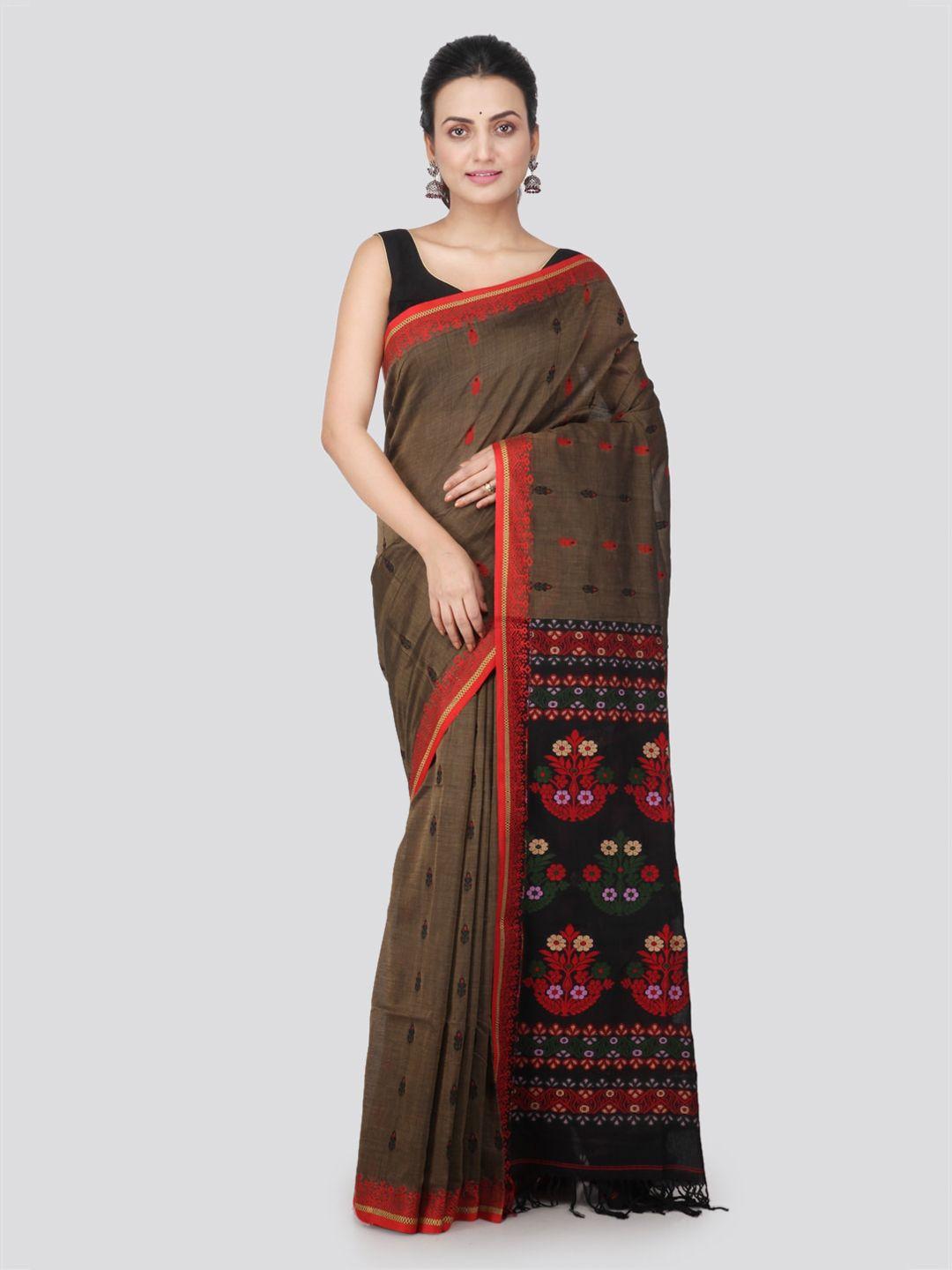 pinkloom brown pure cotton woven design handloom sustainable saree