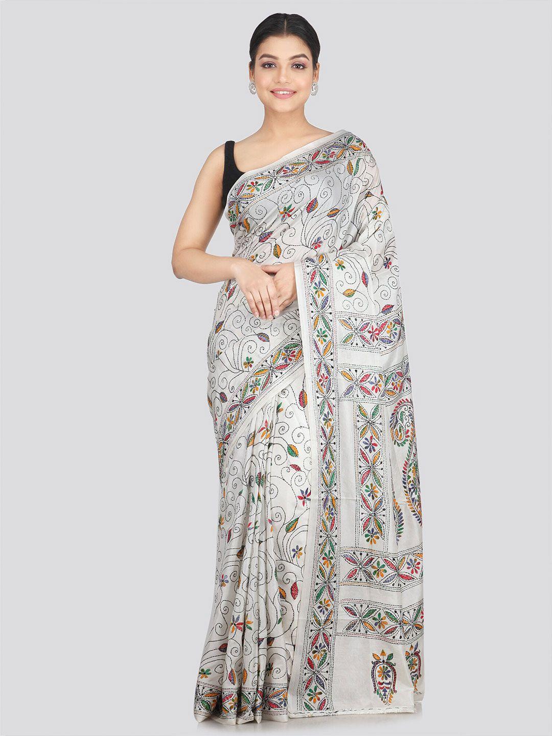pinkloom ethnic motifs kantha embroidery pure silk saree