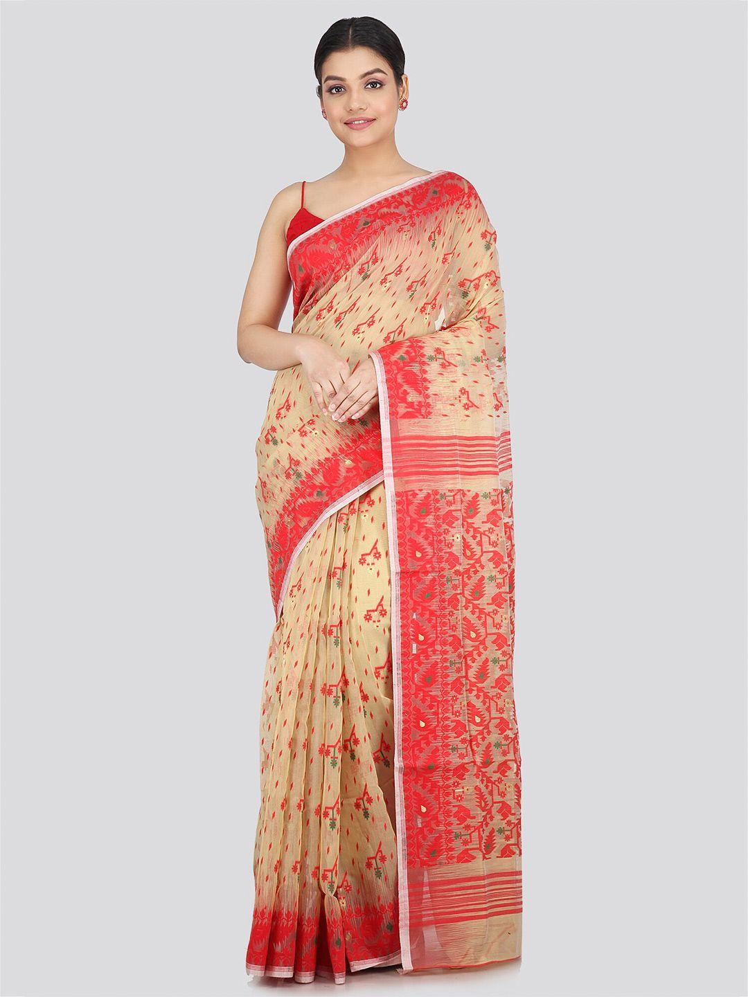 pinkloom ethnic motifs woven design pure cotton jamdani saree