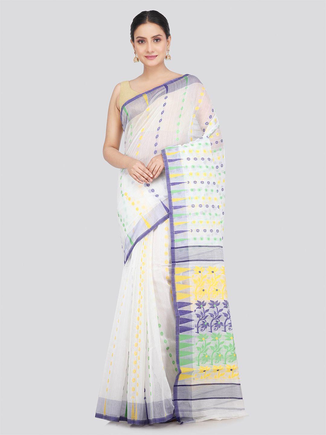 pinkloom floral woven design pure cotton handloom jamdani saree