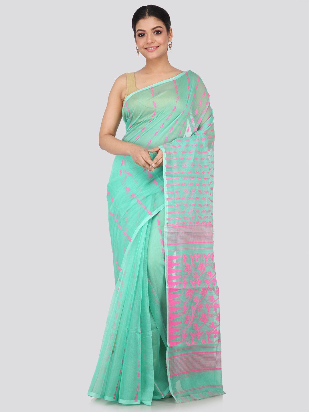 pinkloom floral woven design pure cotton jamdani saree