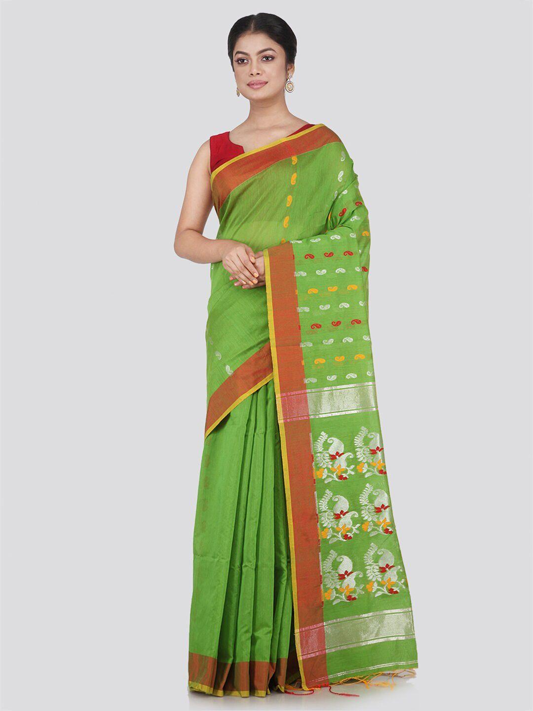 pinkloom green & red woven design cotton blend saree