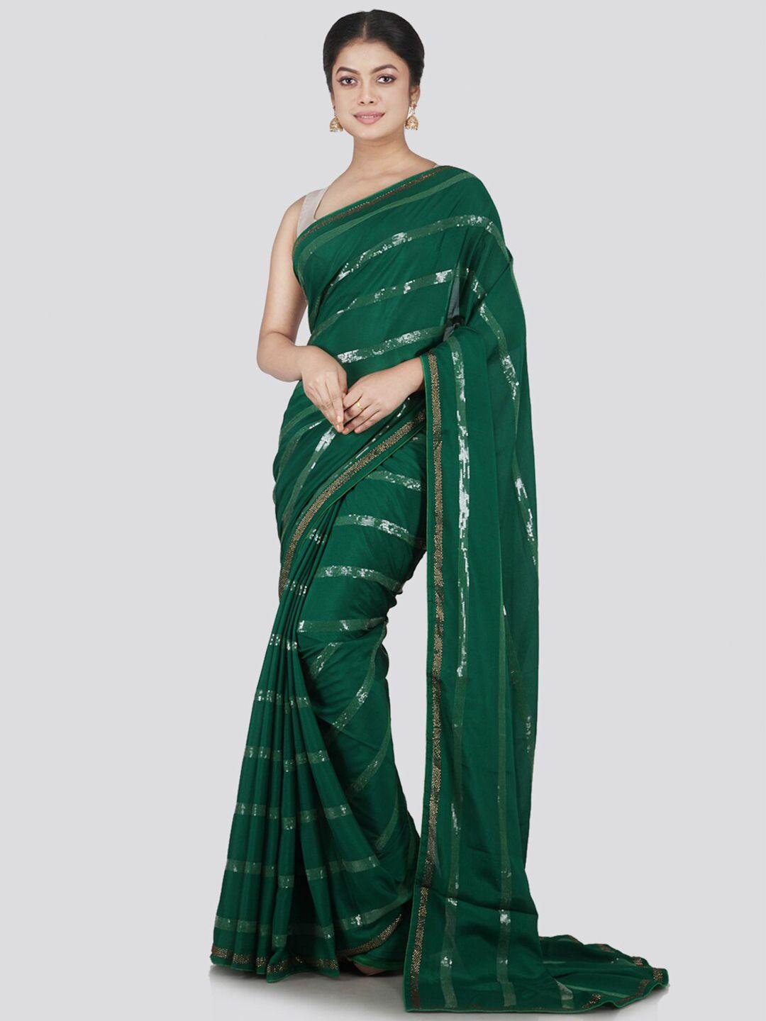 pinkloom green & silver-toned embellished sequinned pure chiffon saree
