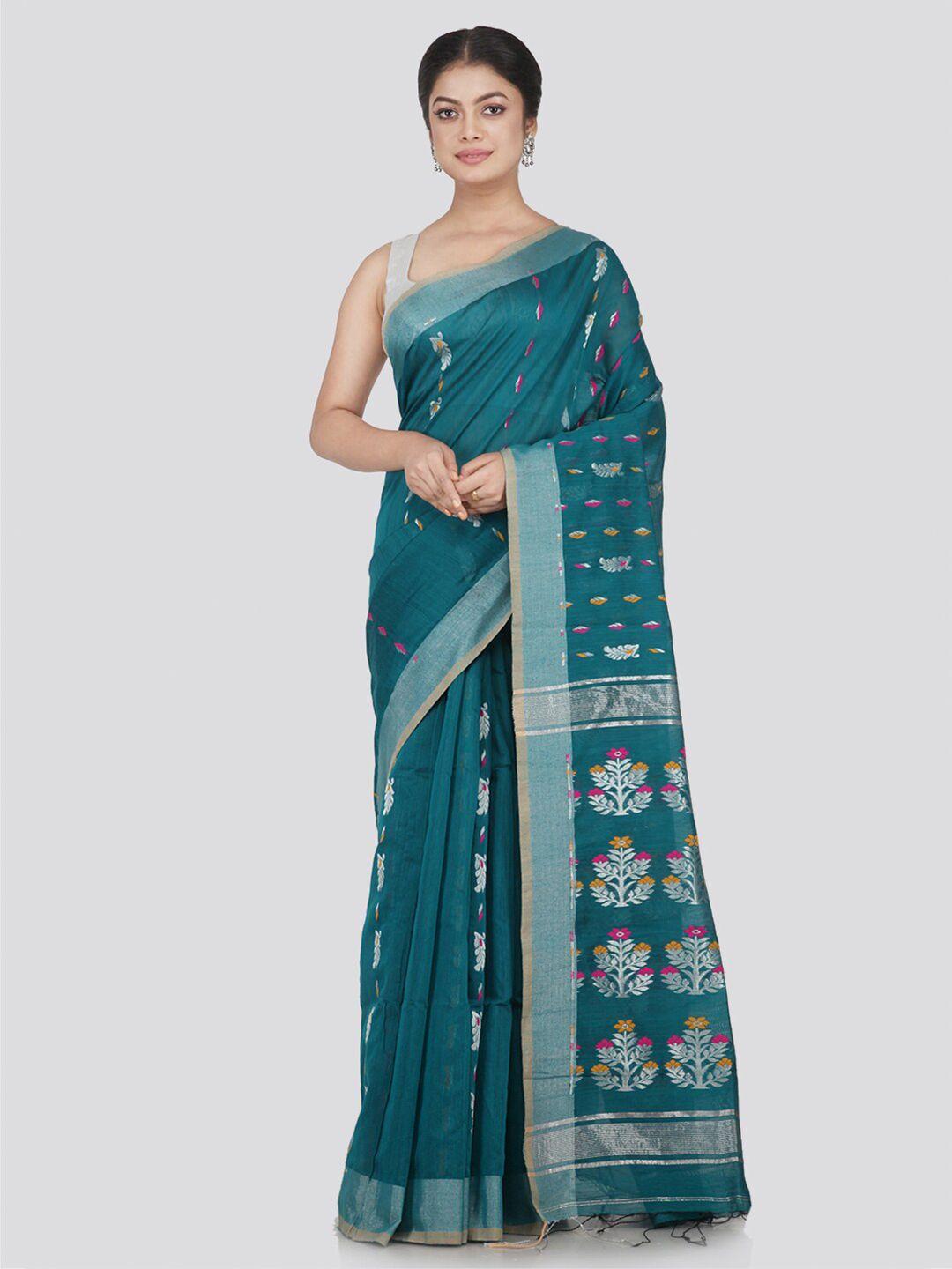 pinkloom green & silver-toned woven design saree