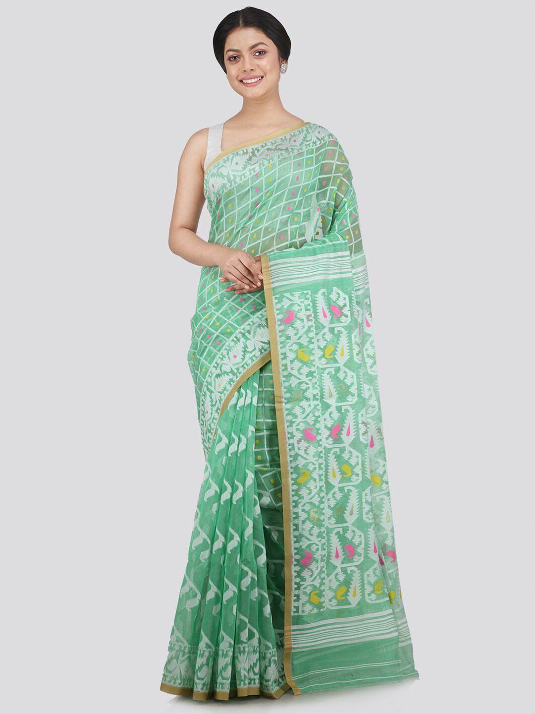 pinkloom green & white woven design jamdani saree