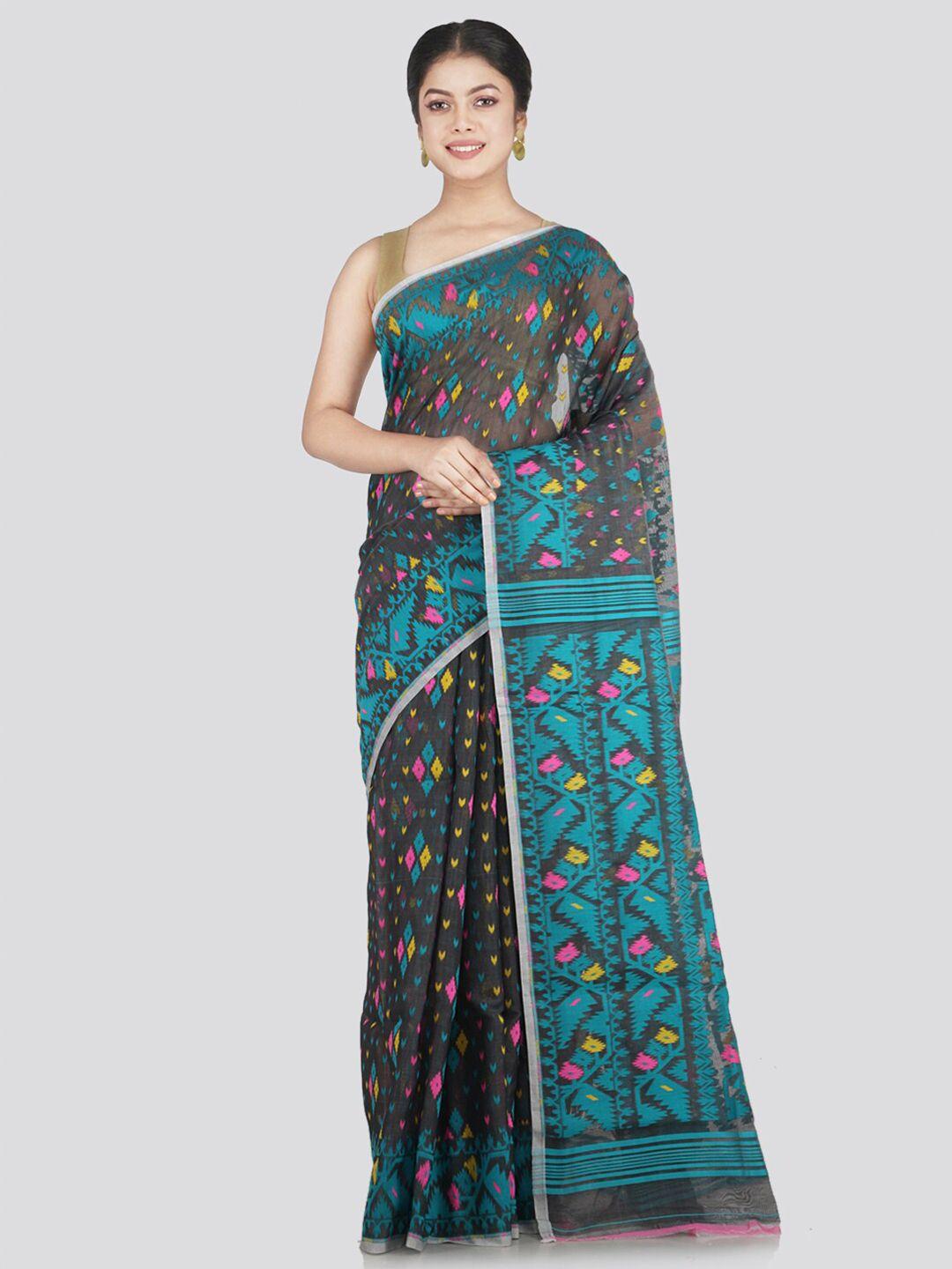 pinkloom grey & blue woven design pure cotton jamdani saree