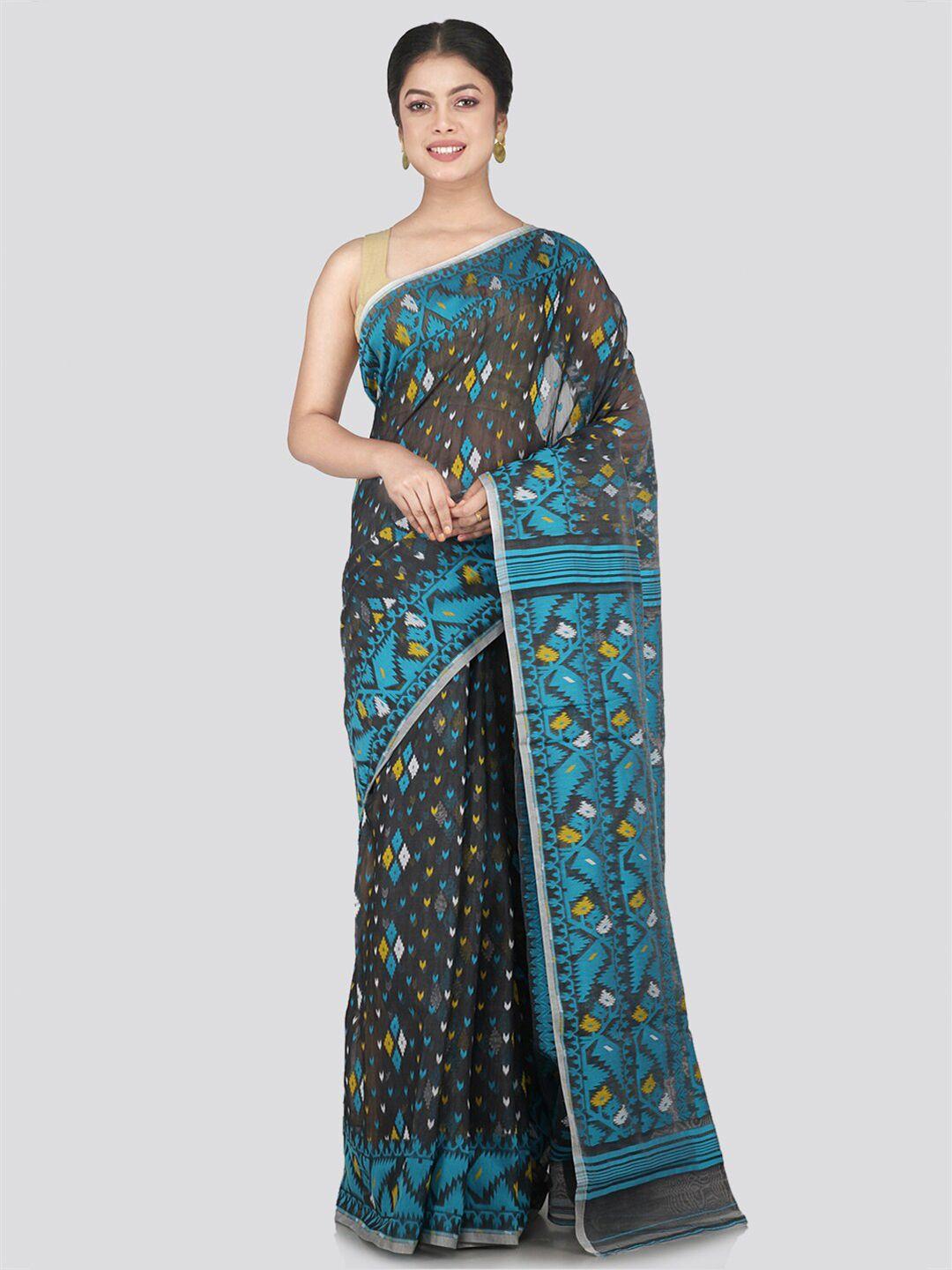 pinkloom grey & blue woven design pure cotton jamdani saree