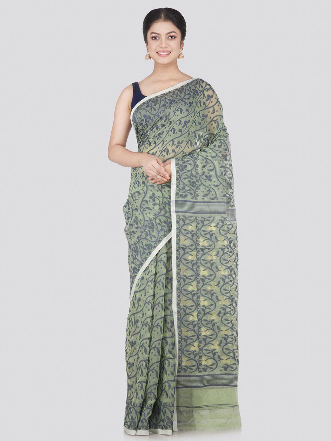 pinkloom grey & green woven design pure cotton jamdani saree