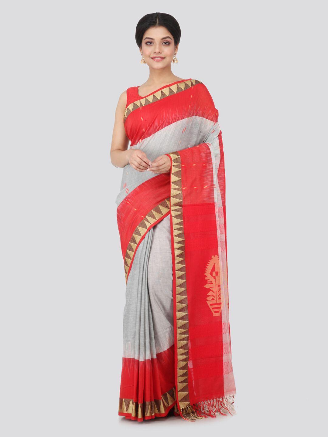 pinkloom grey woven design pure cotton handloom sustainable saree