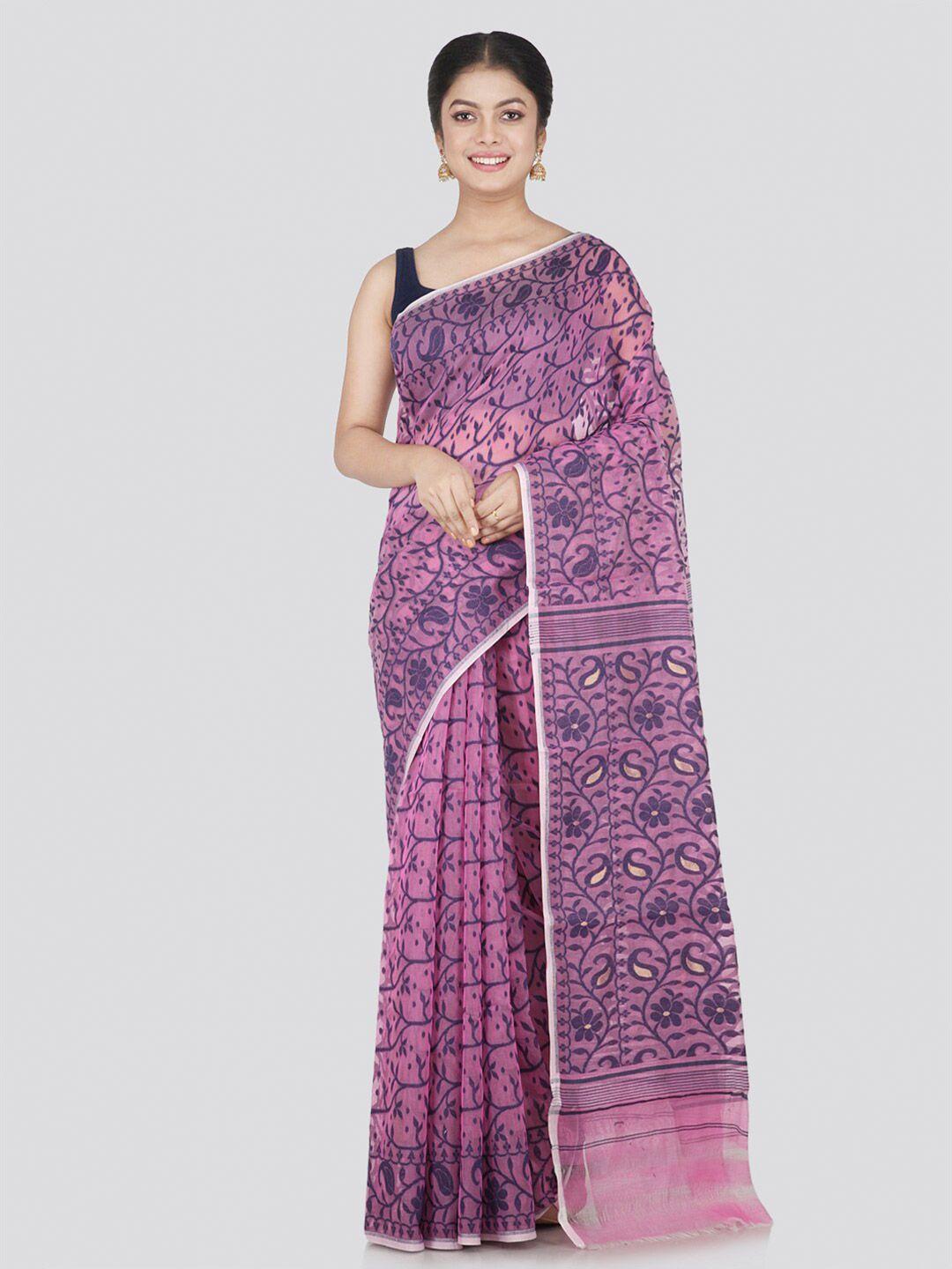 pinkloom lavender & black floral pure cotton jamdani saree