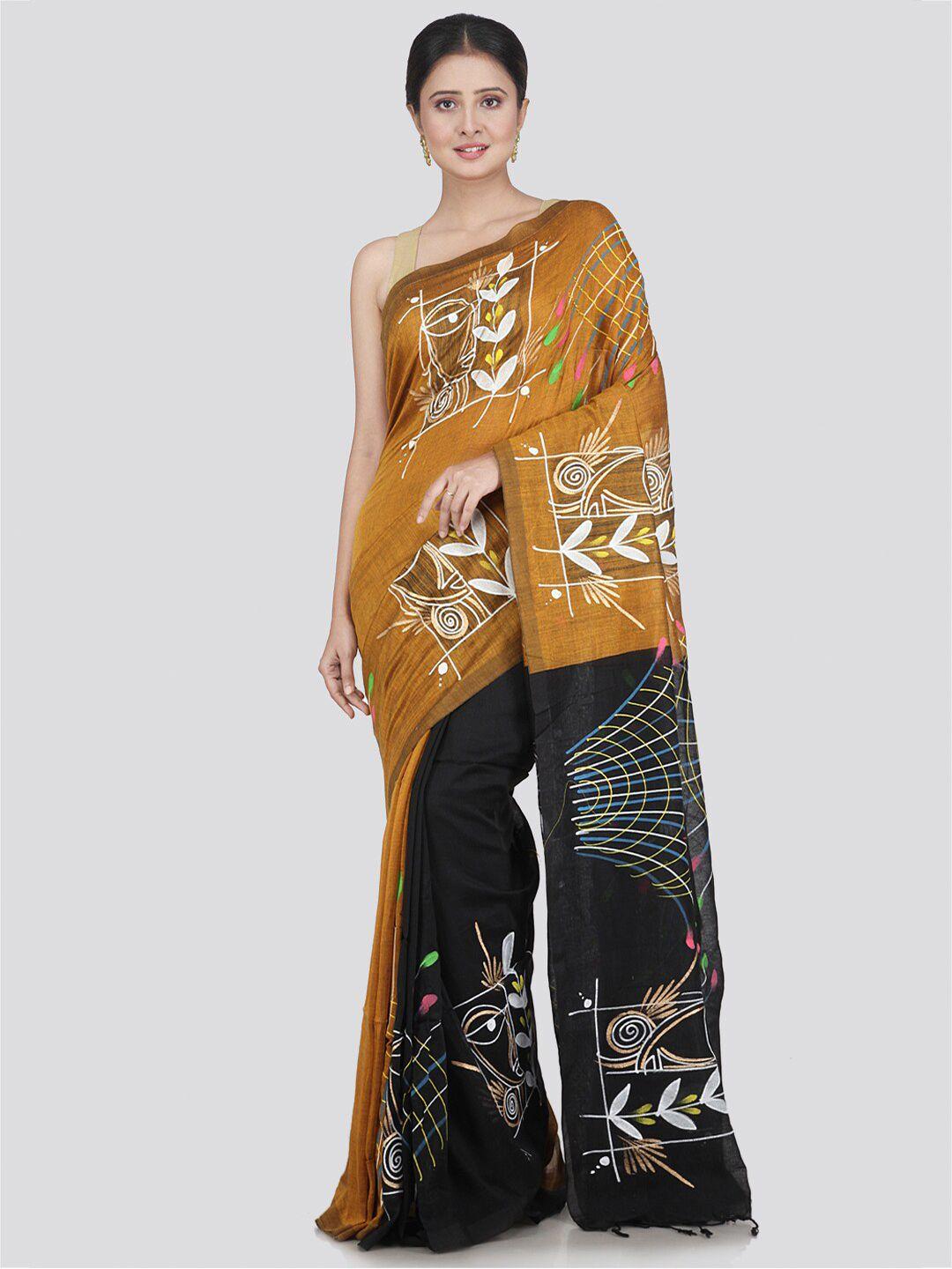 pinkloom mustard & black woven design pure cotton saree