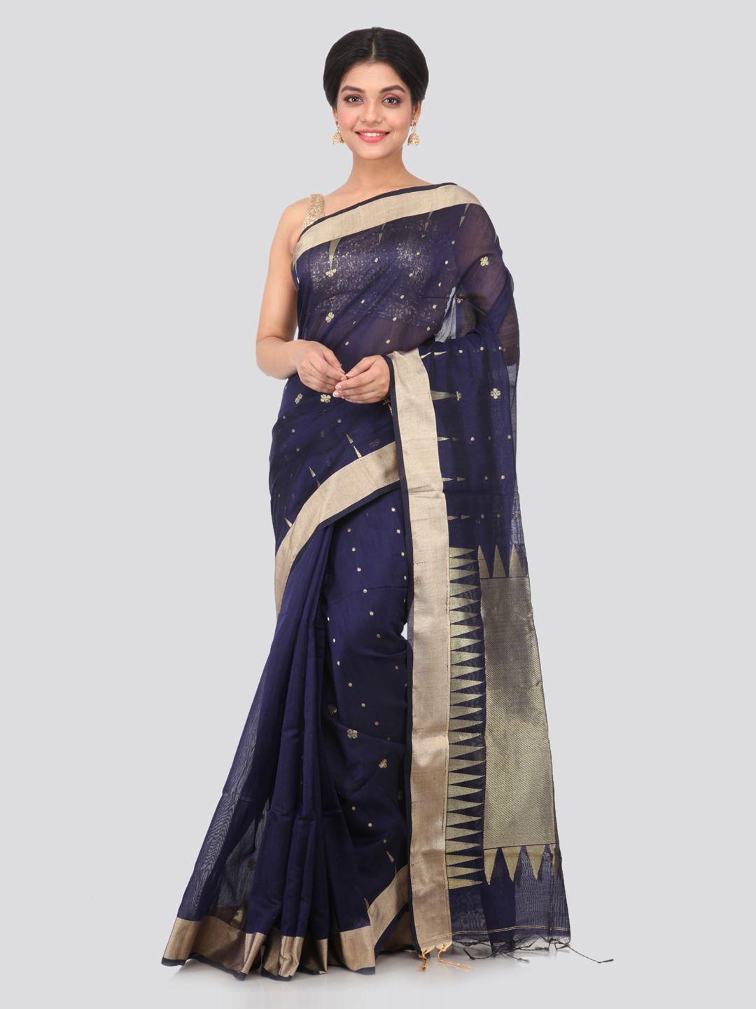 pinkloom navy blue woven design cotton silk handloom sustainable saree