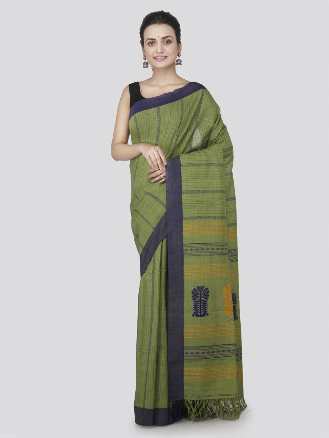 pinkloom olive green pure cotton woven design handloom sustainable saree