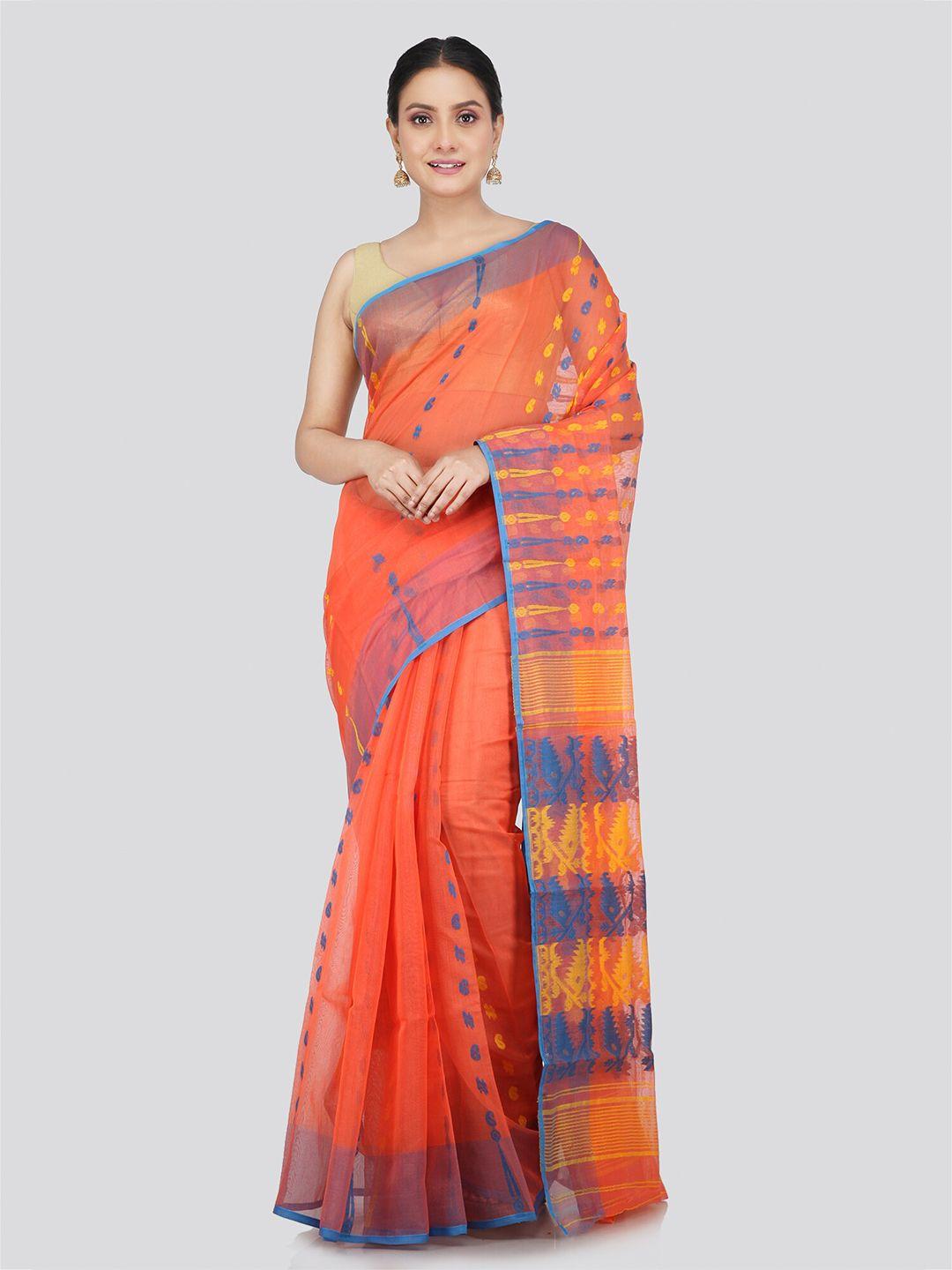 pinkloom orange & blue woven design pure cotton jamdani saree