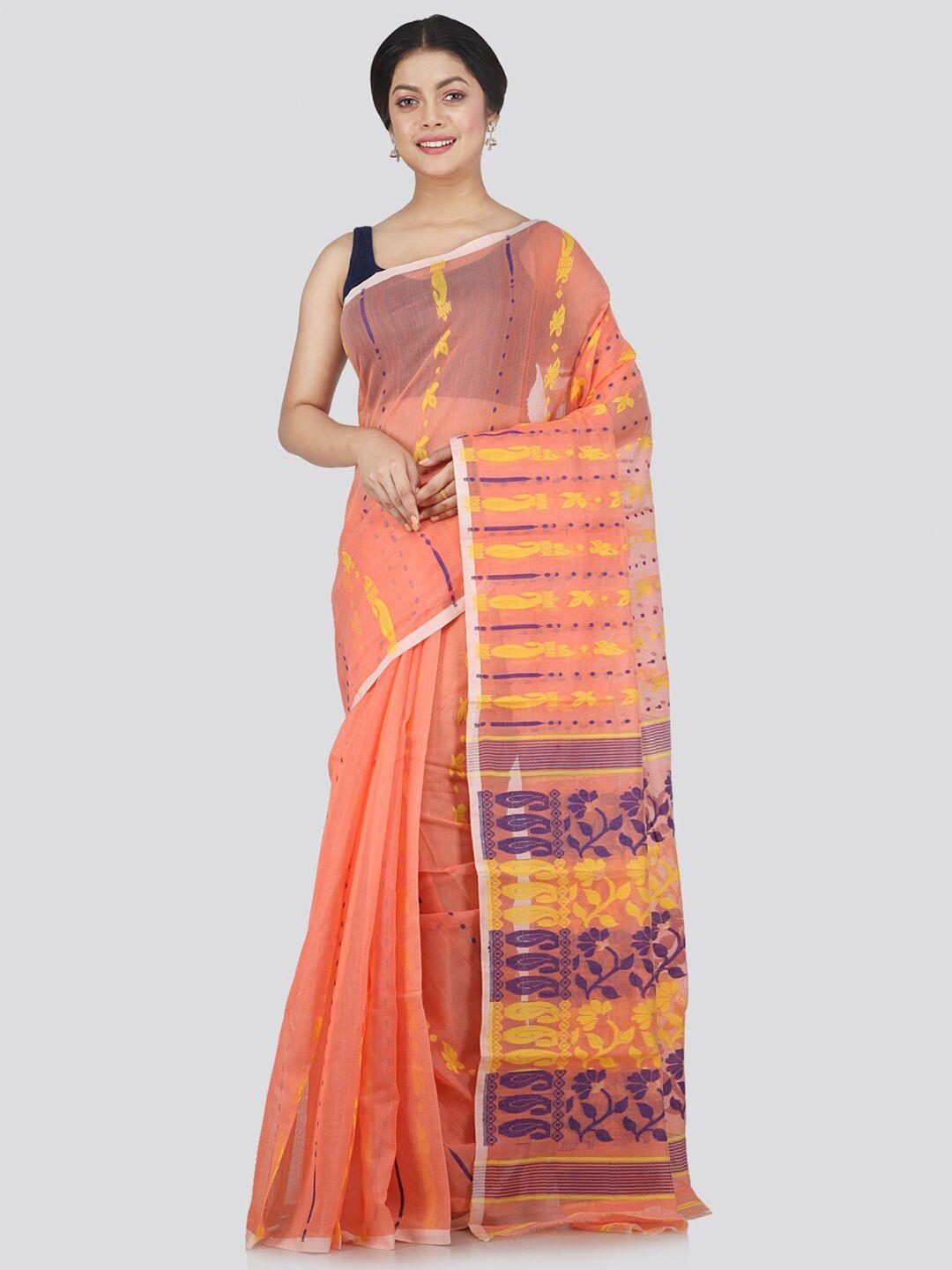 pinkloom orange & violet woven design jamdani saree