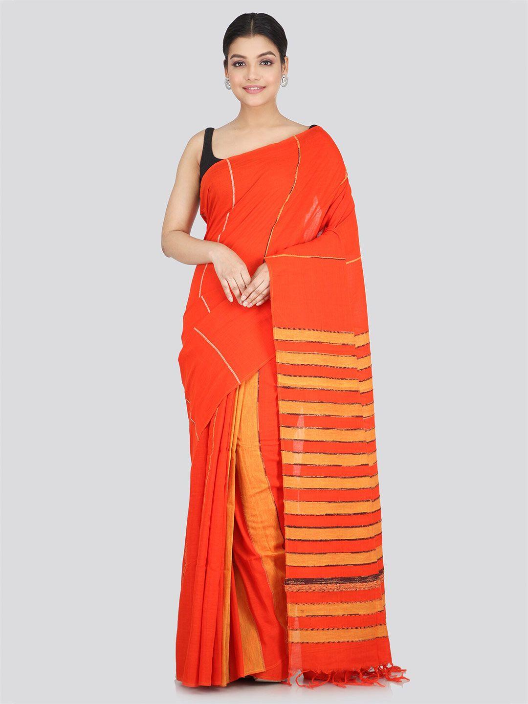pinkloom orange & yellow woven design pure cotton saree