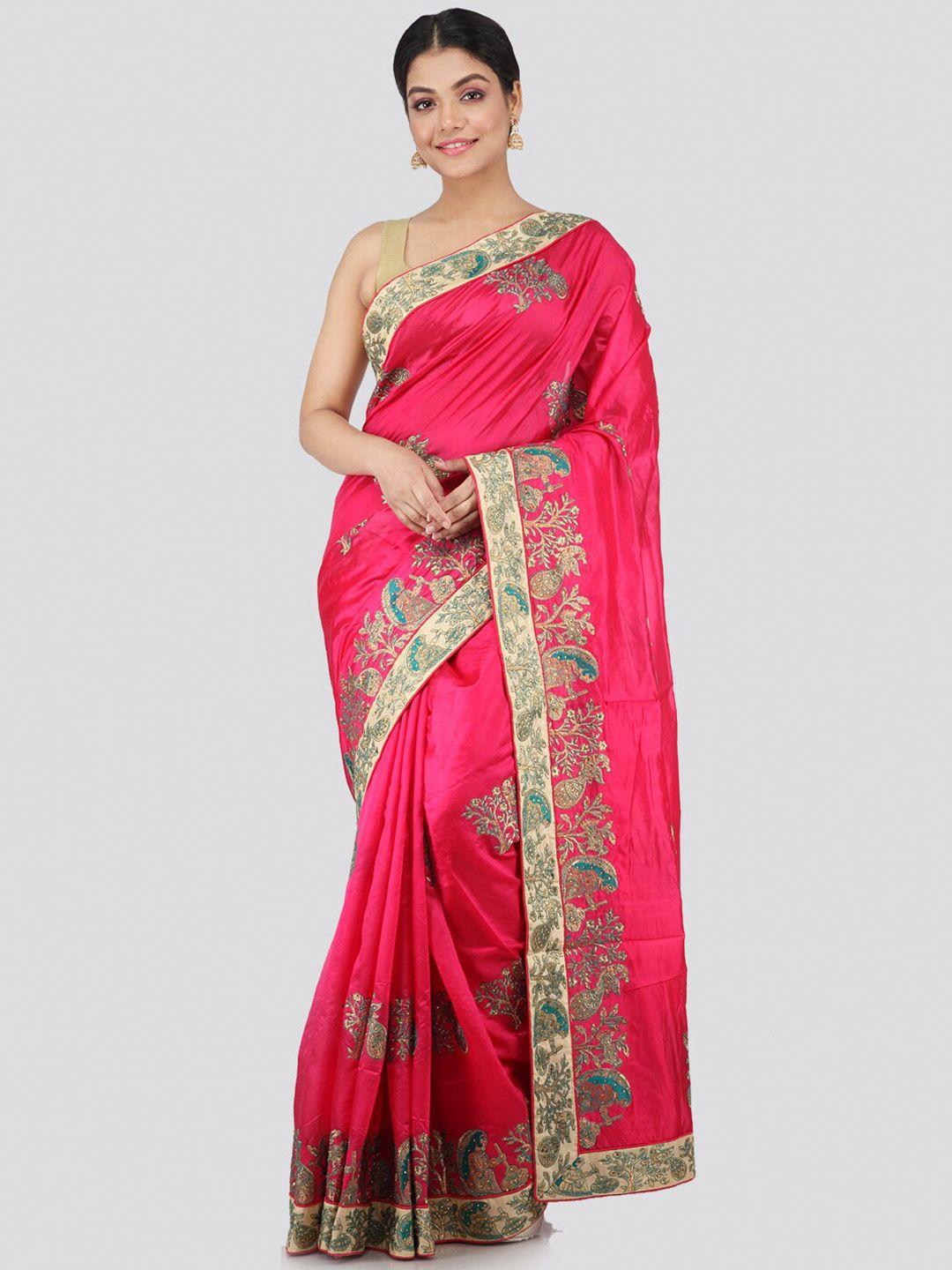pinkloom pink & beige floral embroidered pure silk saree